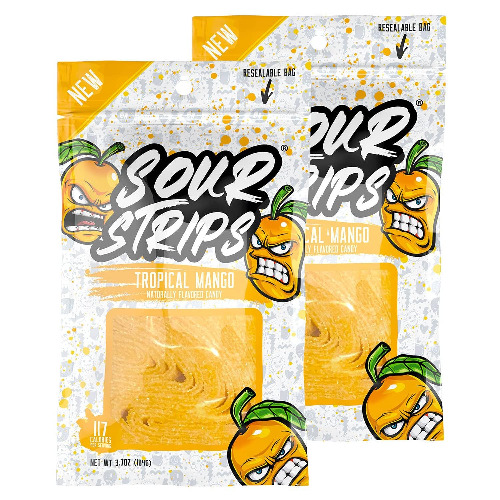 Sour Strips Tropical Mango Flavored Sour Candy Strips | Deliciously Sour Chewy Candy Belts | Vegetarian Candies, 12 Strips per Pack, 2 Pack - Tropical Mango (2 Pack)