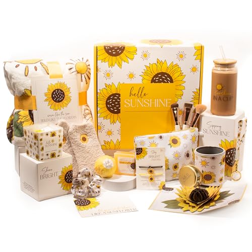 The Love Crate Co Sunflower Gifts for Women, 15pc Custom Gift Box for Women. Get Well Soon Gift Baskets for Women, You Are My Sunshine Gifts, Care Package For Women Thinking of You, Wellness Gifts. - Sunflower 15 Pc