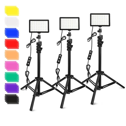 3 Packs 70 LED Video Light with Adjustable Tripod Stand/Color Filters, Obeamiu 5600K USB Studio Lighting Kit for Tablet/Low Angle Shooting, Collection Portrait YouTube Photography - 02-black