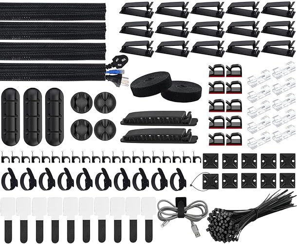 SOULWIT 200PCS Cable Management Kit,4 Cable Sleeves,37 Cable Clips,7 Cable Holders,10 Zip Tie Mounts,20 Cable Clip Nails,100 Cable Fastening Ties,20+2 Roll Cable Straps for TV PC Computer Under Desk - Black