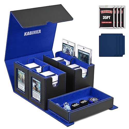 Card Deck Box for MTG with Commander Display, 5 in 1 Card Storage Box Fits 400+ Double-sleeved Cards, Removable Deck Case for TCG/Sports Cards with Dice Tray, 4 Magnetic Card Holders (Black Blue) - Black& Blue - 5 IN 1
