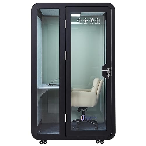 GEARONIC Solo Office Sound Booth Pod Audio Privacy, Mobile Roller with Desk, LED Light, Fans and AC USB Ports (Black Obsidian) - Black Obsidian