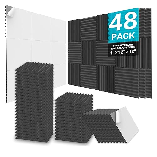 JBER Acoustic Foam Panels, 48 Pack 12x12x1 Inch Upgraded Self-Adhesive Soundproof Wall Panels Sound Absorbing Panel Treatment for Home Office Studio - Black - 1" of 48 PACK - BLACK S/A