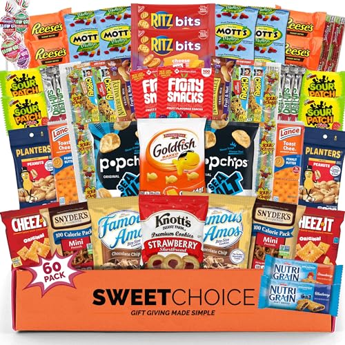 Snack box care package Candy Variety Pack snack pack(60 Count valentines Gift Baskets for Kids Adults Teens Family College Student - Crave Food Birthday Arrangement Candy Chips Cookies - 60 Piece Set