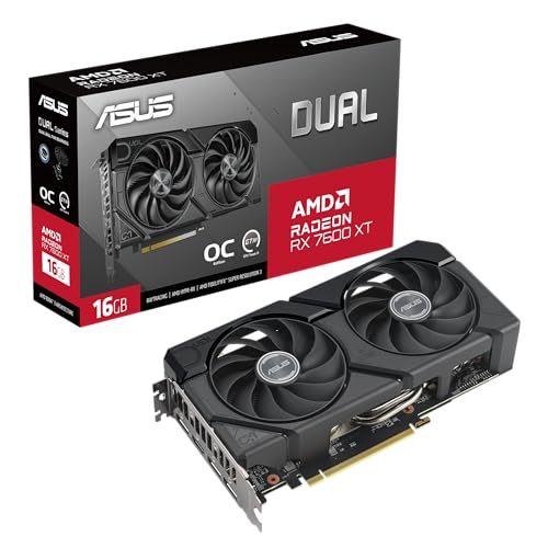 ASUS Dual Radeon RX 7600 XT OC Edition 16GB GDDR6 (AMD RDNA 3, PCIe 4.0, HDMI 2.1, DisplayPort 2.1, Axial-tech Fan Design, 0dB Technology, Dual BIOS, Auto-Extreme Technology, GPU Tweak III, and More) - Dual Fans - RX7600XT|16G