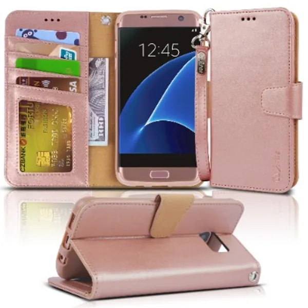 Arae Case Compatible for Samsung Galaxy s7 Edge, [Wrist Strap] Flip Folio [Kickstand Feature] PU Leather Wallet case with IDCredit Card Pockets (Rosegold)