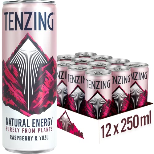 TENZING Natural Energy Drink, Plant Based, Vegan, & Gluten Free Drink, Raspberry & Yuzu, 250ml (Pack of 12) - Raspberry, Raspberry & Yuzu - 250 ml (Pack of 12)