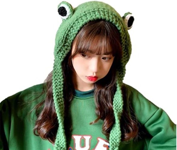Sweet Frog hat Animal Headband with 3D Eyes - Green Woollen Knitted Froggy hat for Teens Kids Adults - Stay Warm and Cute- for Women and Girls - Accessories - Plush Froggie Costume Fashion for TikTok!