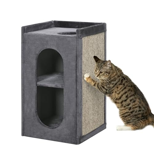 PawHut 81 cm Cat Scratching Barrel with 2 Cat Houses, Cat Play Tower with Scratching Pad, Cat Scratching Tree for Indoor Cats, Grey