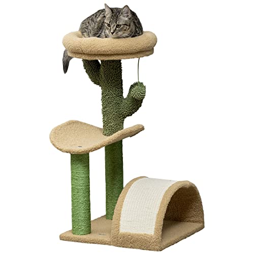 PawHut 72cm Cat Tree, Kitty Activity Center, Wooden Cat Climbing Toy, Cat Tower with Bed Ball Toy Sisal Scratching Post Curved Pad, Brown