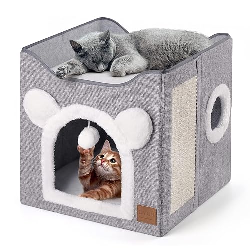 CATISM Foldable Cat House, Cat Bed 2 Layer Large Cat Cave for Pet with Scratching Board and Fluffy Ball for Small Medium Pets Indoor - Grey