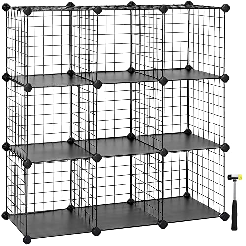 SONGMICS 9-Cube Wire Grid Storage Rack, Interlocking Shelving Unit with Metal Mesh Shelves and PP Plastic Sheets, for Books Shoes Clothes Tools, in Living Room Bathroom, Black LPI115H - 9 Cubes（31 x 93 x 93 cm） - Black