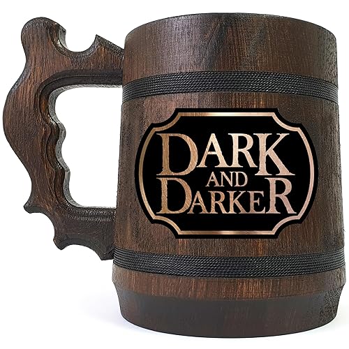 BestGiftMugs Dark and Darker Beer Mug, Personalized Stein, Wooden Tankard
