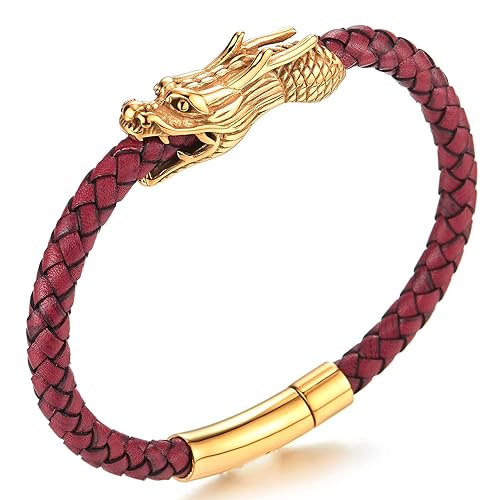 COOLSTEELANDBEYOND Vintage Stainless Steel Dragon Head Braided Leather Bangle Bracelet Wristband, Mens - B-Metal Color:Gold;Leather Color:Red