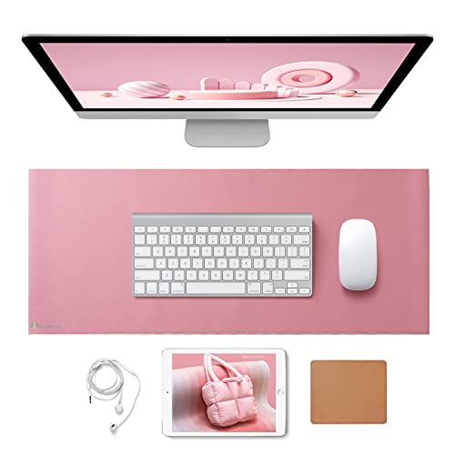 Glowworm Large Desk Pad Oversized Extended Big Desk Mat 47in*23in Waterproof Smooth PU Leather Extra Large Mouse Pad Stitched Edges Non-Slip Base Large Pad On Desktop Leather Table Mat - Pink - 47in*23in