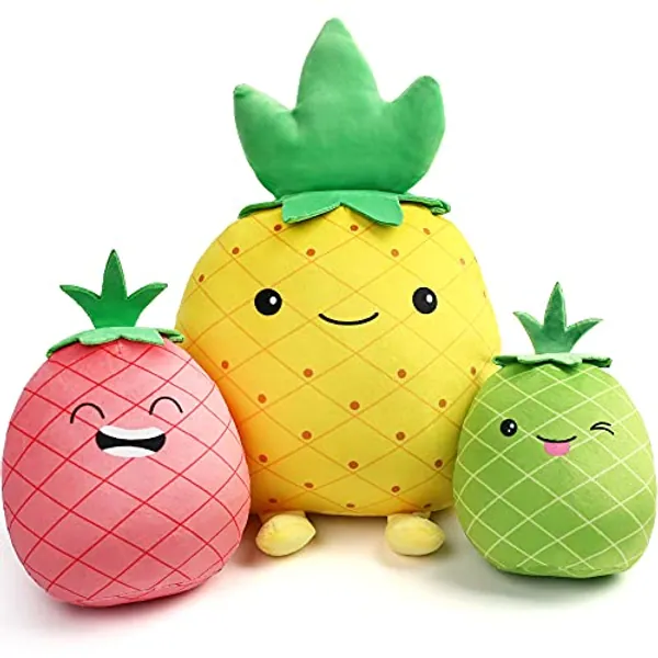 BenBen Pineapple Plush Pillow, Set of 3, 12, 7 and 6'' Squishy Stuffed Plush Toy, Fruit Cushion, Ms Sweety and Baby Pineapples, Easter Gifts