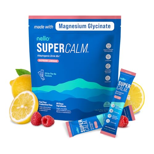 Nello Supercalm Powdered Drink Mix, Raspberry Lemonade, L Theanine, Ksm-66 Ashwagandha, Magnesium Glycinate, Vitamin D 3, Supplements for Relaxation & Focus, No Sugar, Non GMO, Vegan, On The Go, 20 Ct - Raspberry Lemonade - 20 Servings (Pack of 1)