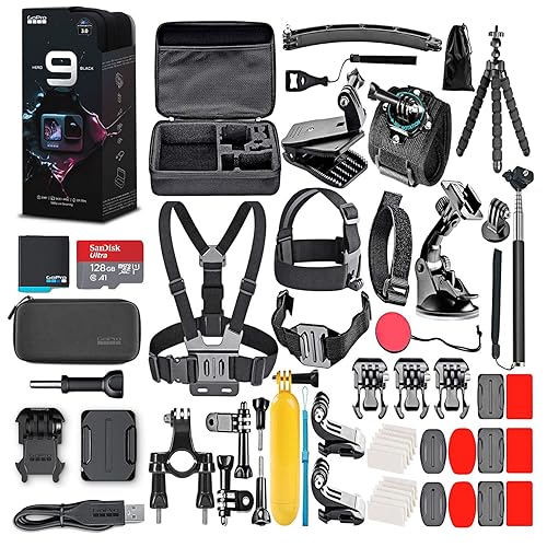 GoPro HERO9 Black - Waterproof Action Camera with Front LCD, Touch Rear Screens, 5K Video, 20MP Photos, 1080p Live Streaming, Stabilization + 128GB Card and 50 Piece Accessory Kit.