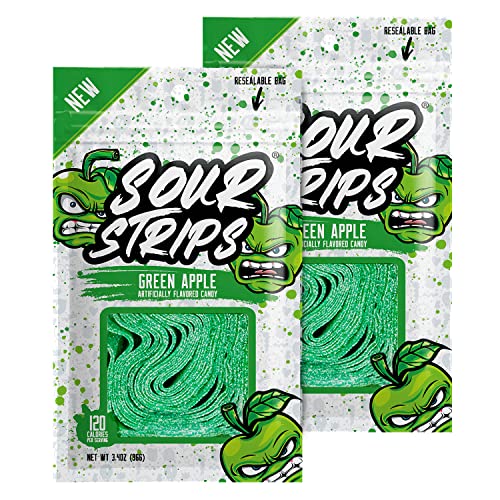 Sour Strips Apple Flavored Sour Candy Strips, Deliciously Sour Chewy Candy Belts, Vegetarian Candies, 12 Strips per Pack, 2 Pack - Green Apple (2 Pack)