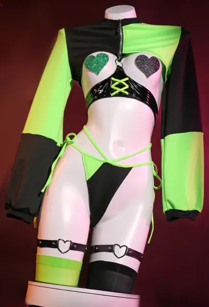 Halloween Shego Derivative Sexy Lingerie Set Black Green Color Contrast Long Sleeve Short Top and Panty with Socks