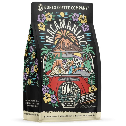Bones Coffee Company Macamaniac Flavored Whole Coffee Beans Macadamia and Coconut Flavor | 12 oz Flavored Coffee Gifts Low Acid Medium Roast Flavored Coffee Beverages (Whole Bean) - Macadamia and Coconut 12 oz Whole Bean Coffee