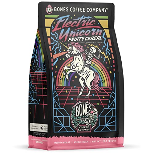 Bones Coffee Company Electric Unicorn Flavored Whole Coffee Beans Fruity Cereal With Milk Flavor | 12 oz Medium Roast Arabica Low Acid Coffee | Gourmet Coffee (Whole Bean) - Electric Unicorn (Whole Bean)
