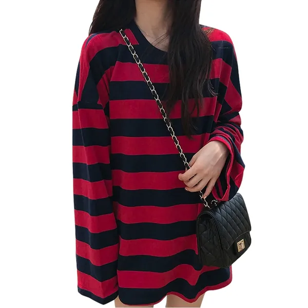 Women Harajuku Oversized Stripe Casual Long Sleeves Crewneck T-Shirt Tee Tops - Large Red