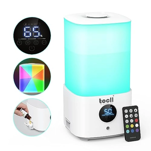 TOCLL Top Fill Cool Mist Humidifier with Remote, Mood Light, Touch Screen, Essential Oil Box, Integrated Design Never Leak, Auto Shut-off for Bedroom, Baby Room, Office, Plant (2.5L)