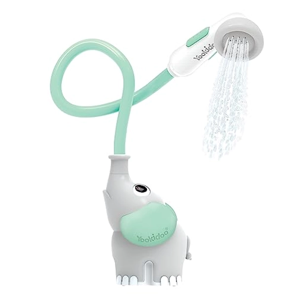 Yookidoo Baby Bath Shower Head Elephant Water Pump with Trunk Spout Rinser Control Water Flow from 2 Elephant Trunk Knobs for Maximum Fun in Tub or Sink for Newborn Babies (Turquoise)