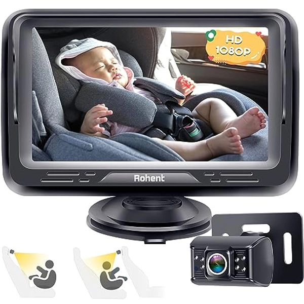 Rohent Baby Car Camera with Display HD 1080P Baby Car Mirror 5 Mins Easy Installation Crystal Night Vision Infant Travel Safety Kit N06