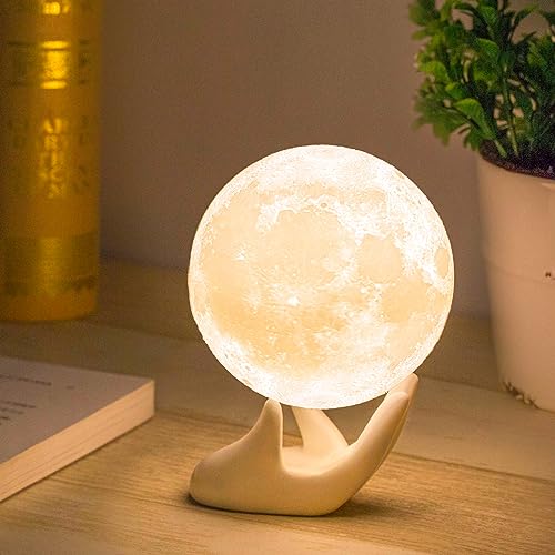 Methun 3D Moon Lamp with 3.5 Inch Ceramic Base, LED Night Light, Mood Lighting with Touch Control Brightness for Home Décor, Bedroom, Gifts for Father Kids Women Birthday - White & Yellow - 3.5 inches