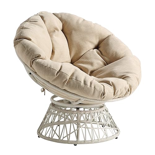 OSP Home Furnishings Wicker Papasan Chair with 360-Degree Swivel, Cream Frame with Cream Cushion - Cream Frame With Cream Cushion - Bohemian