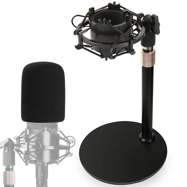 AT2020 Desktop Mic Stand, Adjustable Height Table Mic Stand with Shock Mount, Pop Filter Windscreen, 1/4 to 3/8 Metal Adapter, Metal Weighted Base, for AT2020 AT2020USB AT2020USB+ AT2035 Mic by Rigych