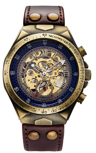 Luxury Automatic Mechanical Men's Leather Belt Fashion Steampunk Bronze Steel Waterproof Skeleton Watch (Brown)