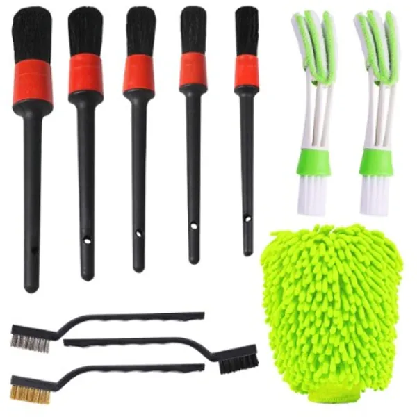 AIFUDA 5 Pcs Detailing Brush Set with Wire Brush, Car Wash Mitts, Car Cleaning Brush Kit for Auto Detailing Cleaning Car Motorcycle Interior, Exterior,Leather, Air Vents