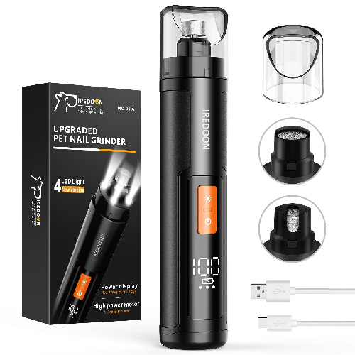 IREDOON Dog Nail Grinder Upgraded - Professional 3-Speed Super Quiet and Low Vibration Electric Pet Nail Grinder with 4 LED Lights - Painless Paws Grooming & Smoothing for Small to Large Dogs (Black) - Black