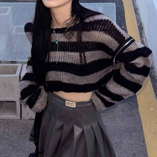 'Dust to Dust' Black and Grey Grunge Striped Sweater - M / black