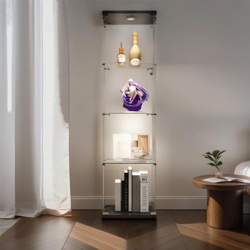 Shengrunner Frameless Glass Display Cabinet, Curio Cabinet Display Case with LED Lights and Lock, Quick-Install Floor Standing Showcase Display Shelf for Collectibles, Legos, Figures, Plants - 1 Cubicle - 4 Layers -Lights - Black