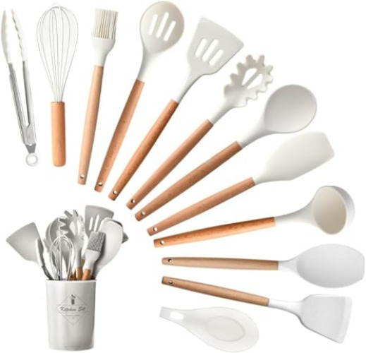 13 Pieces Silicone Kitchen Cooking Utensils Set: Wood Handle Kitchen Spatula Set - Heat Resistant Kitchen Gadgets Tools for Non-Stick Cookware(White) - White