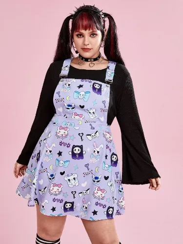 ROMWE Kawaii Plus Cartoon Graphic Overall Dress