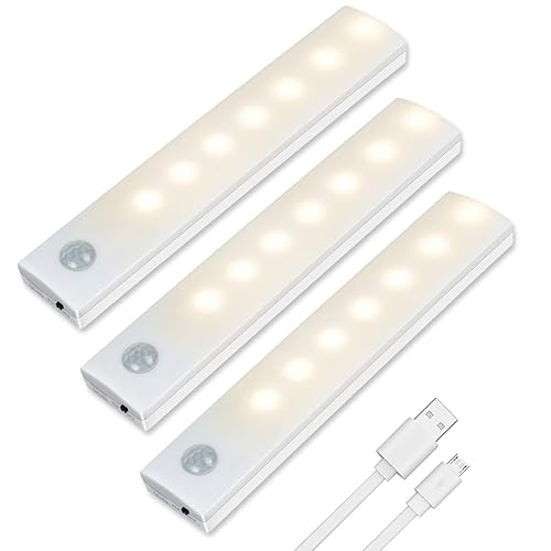 Vicloon Motion Sensor Cabinet Lights, 3 Pack LED Cupboard Lights, Auto On/Off LED Closet Light, Wireless USB Rechargeable Cabinet Night Light with Magnetic Strip for Wardrobe, Cabinet, Stairs - Warm White-3pcs