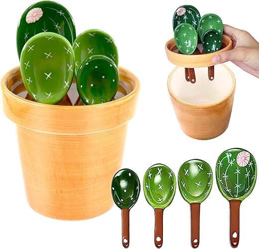 Ceramic Cactus Measuring Spoons Set in Pot Organizer, 5 Pieces Cute Measuring Cups and Spoons Set for Kitchen Dry Wet Measuring Liquid Food Salt and Sugar Kawaii Spoon with Base Cup (Green) - Green