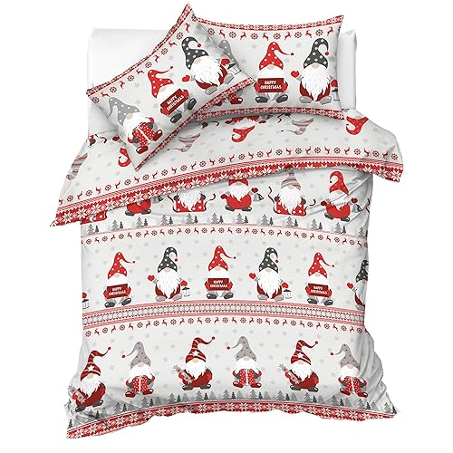Velosso Gonks Christmas Winter Xmas Grey Red Festive Cotton Rich Bedding Set Duvet Cover an Pillowcase Set (King) - King - Multicolor