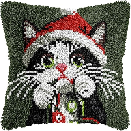Black White Chritmas Cat Latch Hook Kits Pillow Crochet Yarn Pre-Printed Cushion DIY Embroidery Needlework Rug Pillowcase Hook and Latch Kit Christmas Sofa Decoration 43x43cm
