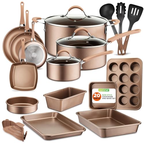 Nutrichef 20 Piece Professional Home Kitchen Cookware and Bakeware, Pots and Pans Set Non Stick Kitchenware, Cool-Touch Handles, Non Toxic, Safe for Gas, Electric, Induction Cooktops, Easy Clean - Matte Gold