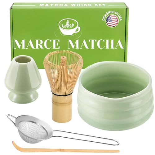 Marce Matcha Whisk Set- Matcha Whisk and Bowl, Matcha Sifter, Matcha Whisk Holder and Matcha Spoon- The Perfect Matcha Kit for Matcha Tea (Green) - Green