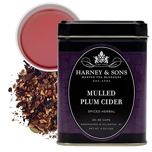 Harney and Sons Mulled Plum Cider, 4oz Loose Leaf Herbal Tea with Cinnamon, Rooibos, Apple Pieces, and Plum, Dark Red, PP-GRCE8634 - Cinnamon - 4 Ounce (Pack of 1)