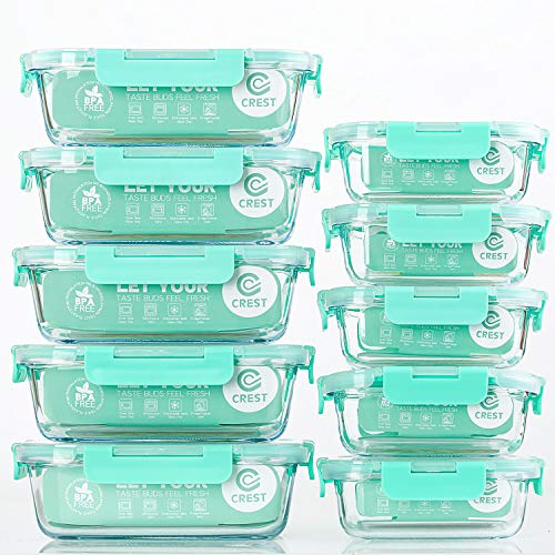 C CREST [10-Pack] Glass Food Storage Containers with Lids, Airtight, BPA Free, Meal Prep Containers for Kitchen, Home Use - Light Green
