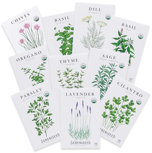Sereniseed Certified Organic Herb Seeds (10-Pack) – Non GMO, Heirloom – Seed Starting Video - Basil, Cilantro, Oregano, Thyme, Parsley, Lavender, Chives, Sage, Dill Seeds for Indoor & Outdoor Planting - 10-Pack