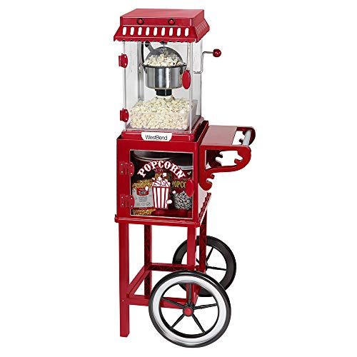 West Bend PCMC20RD13 Wheeled Popcorn Cart with Non-Stick Stainless Steel Popcorn Kettle, Storage Shelf, and Popcorn Scoop for Popcorn Machine, 10 Cup, Red - Wheeled Cart - Red